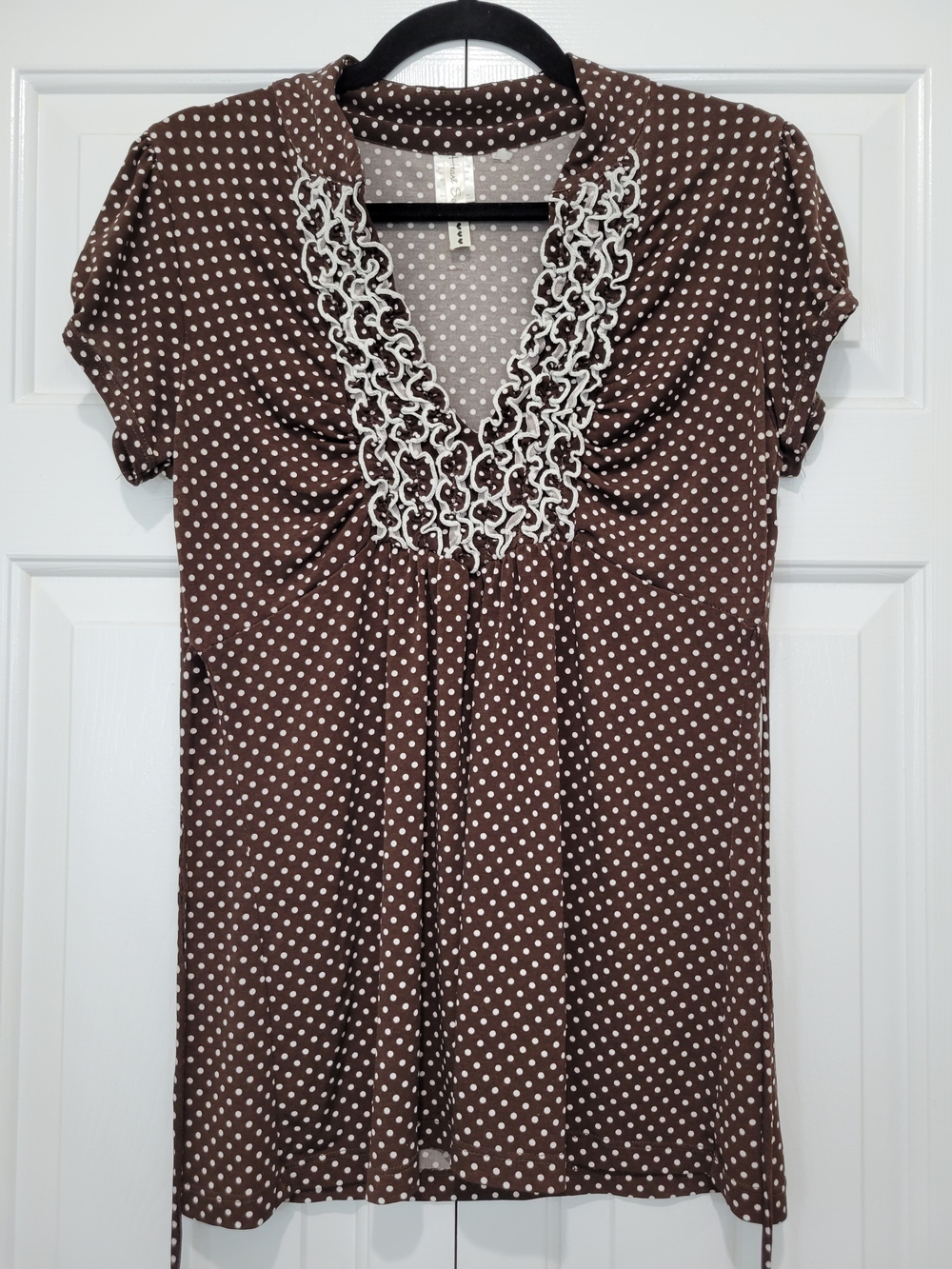 Heart Soul Brown Polka Dot V-Neck Blouse w/ White Ruffle Trim & String Belt